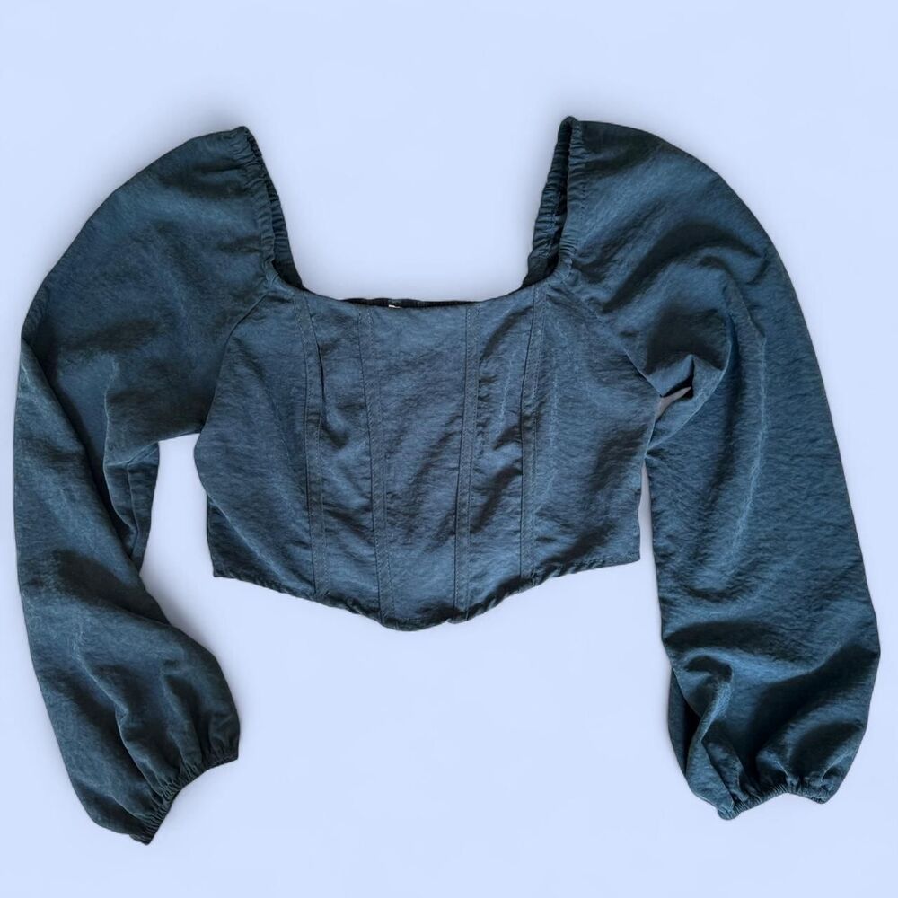 Teal blue corset-inspired crop top with puff sleeves, size M